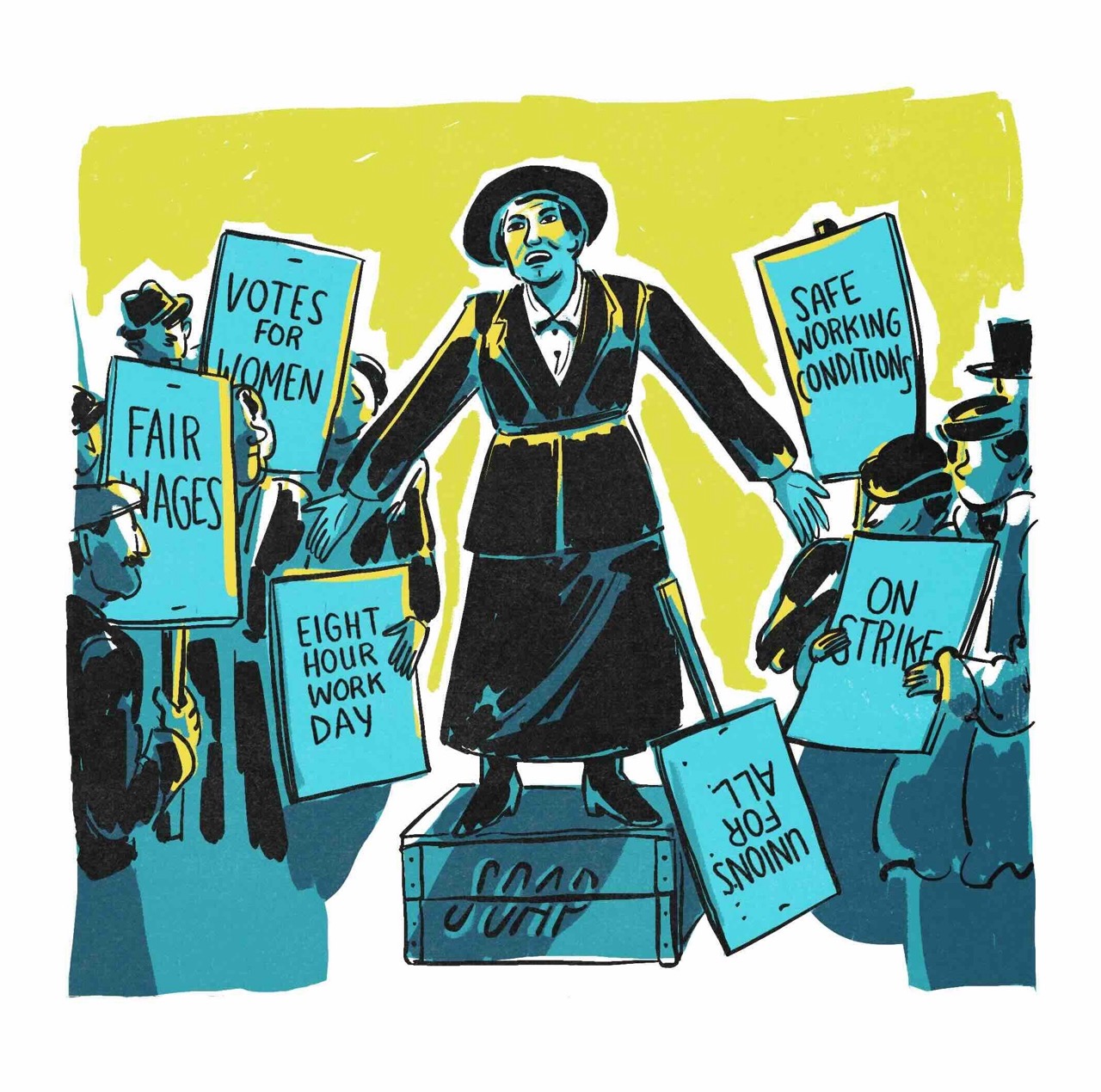 Drawing of Marie Equie orating on a soapbox surrounded by people holding signs with slogans including "votes for women," and "eight hour work day."