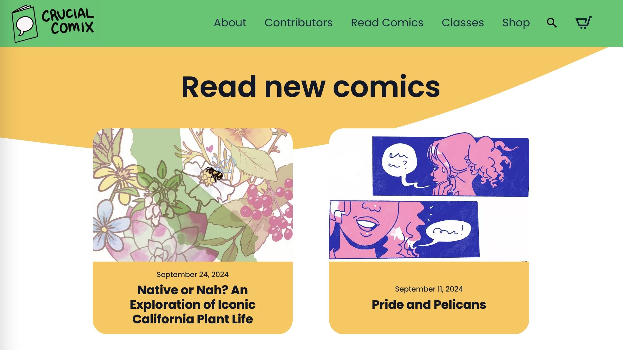 Screenshot of crucialcomix.com showing recent comics, the friendly rounded corners of the design, and the retina-zapping yellows and greens that signify you're at the premier home of nonfiction comics.