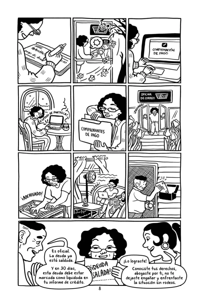 A comics page in which a woman pays off her debt over many months, and her family celebrates her.