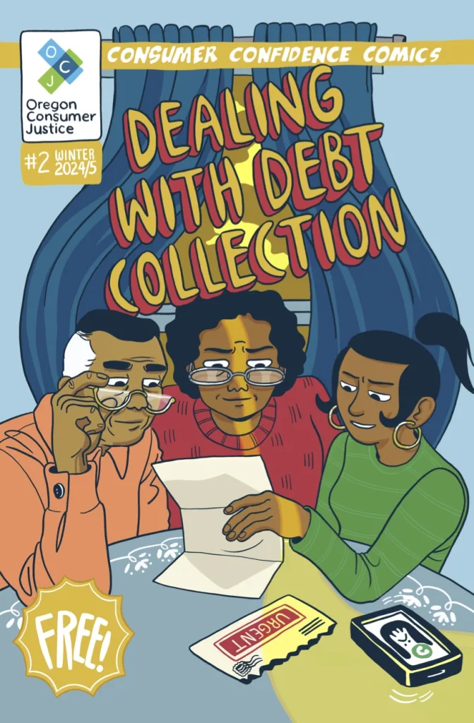 Cover of comic "Dealing with Debt Collections," featuring a grandfather, mother, and daughter sitting around a kitchen table looking at a debt collection letter with worried but determined expressions.