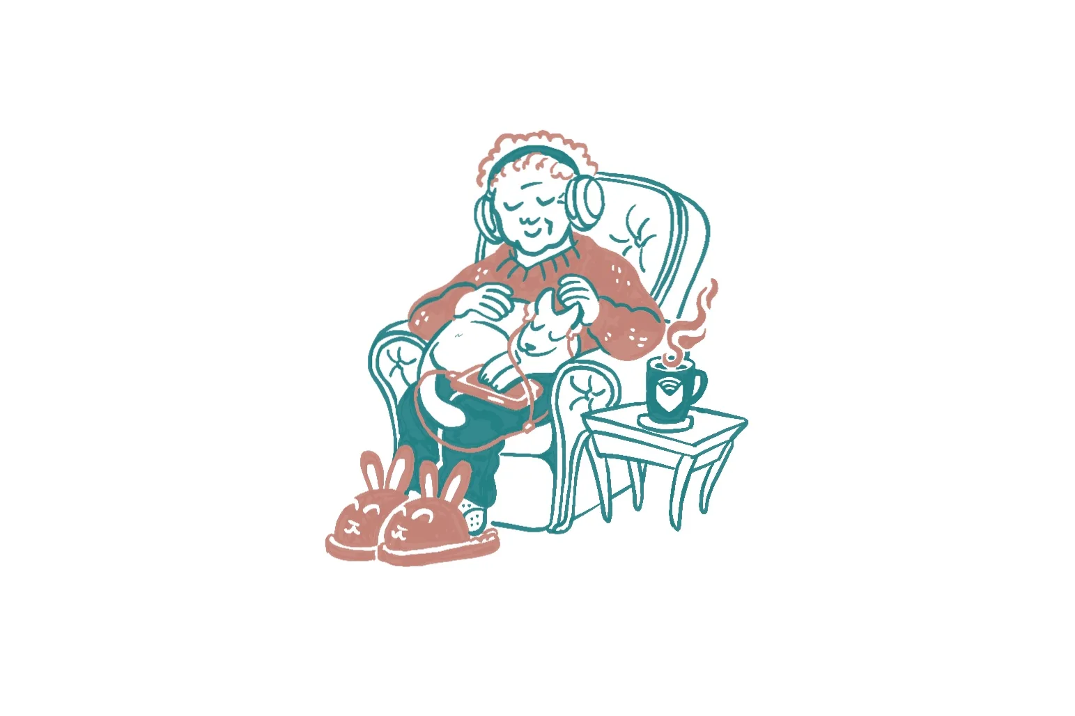 An older person sits in an arm chair petting a cat, wearing fluffy bunny and headphones.