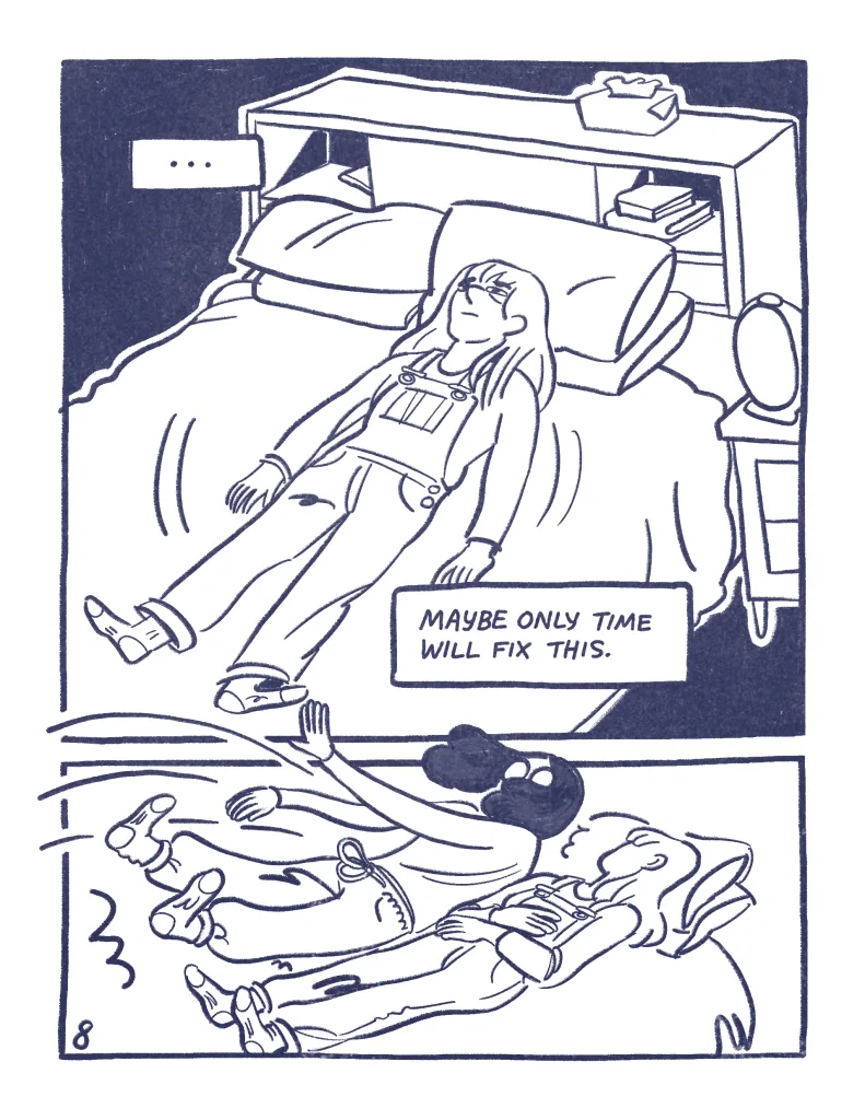 Page 8: Panel 1: "..." Allia lies on her bed staring at the ceiling looking despondent. "Maybe only time will fix this." Panel 2: Audra flops down next to Allia.